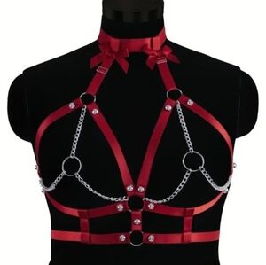Stylist Red Halter Elastic Harness with Silver Chains. (New)